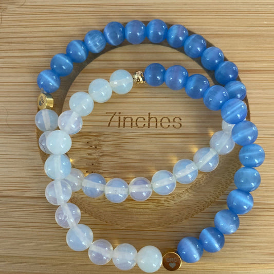 Moonstone Beaded Bracelet with Sky Blue Glass. 8mm.