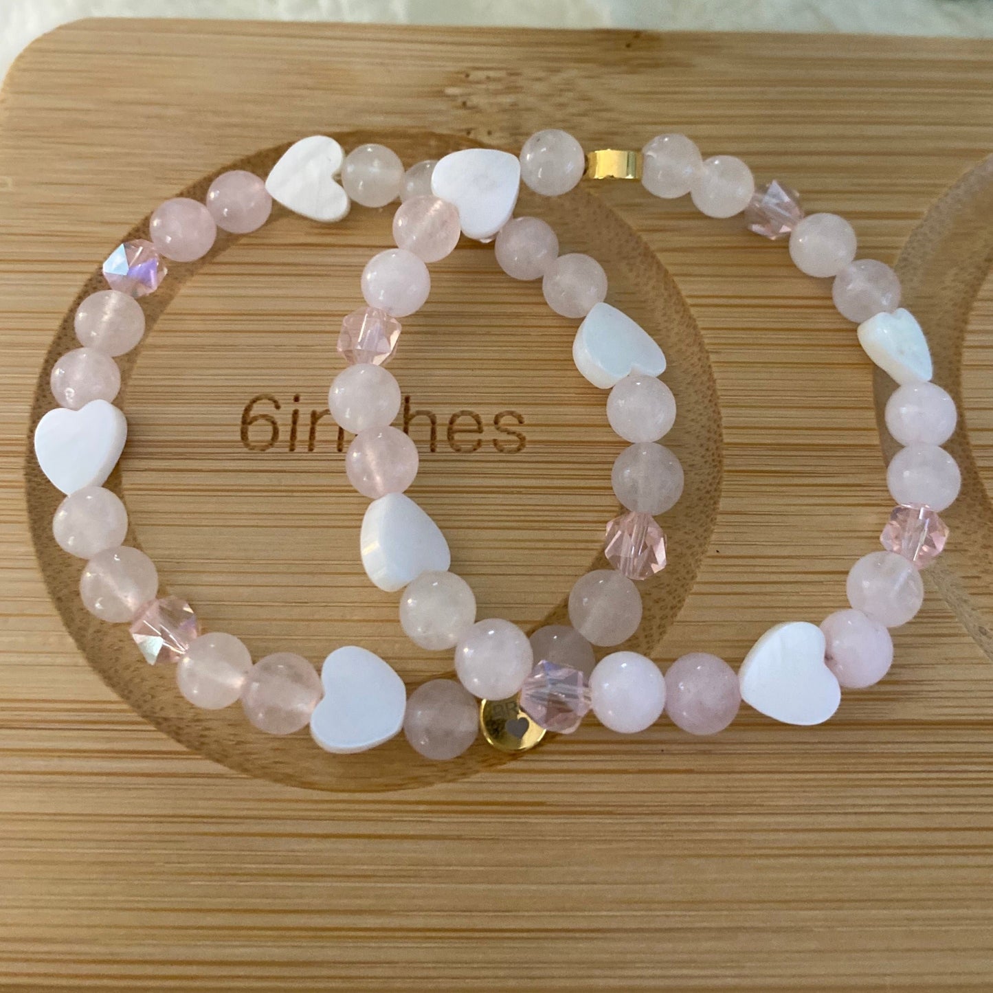 Pink and 14k Gold Beaded Bracelet Set: 6mm Rose Quartz, 6mm Shell Heart Charms.