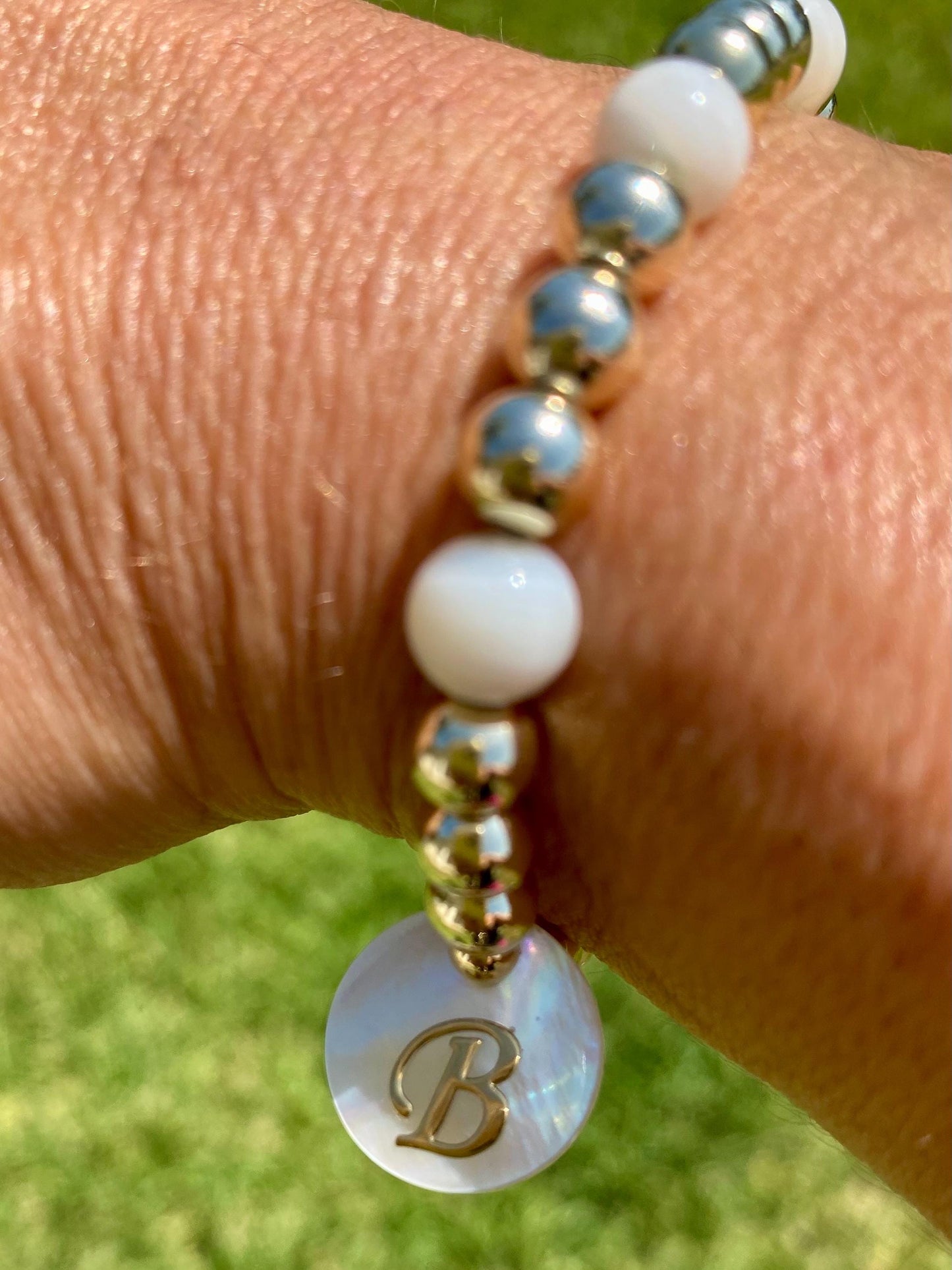 14K Gold Filled Beaded Initial Bracelet: Mother of Pearl Monogram Charm.