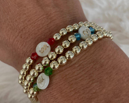 Zodiac Sign Bracelet: 14k Gold Filled Beads, Shell Center Astrological Sign.