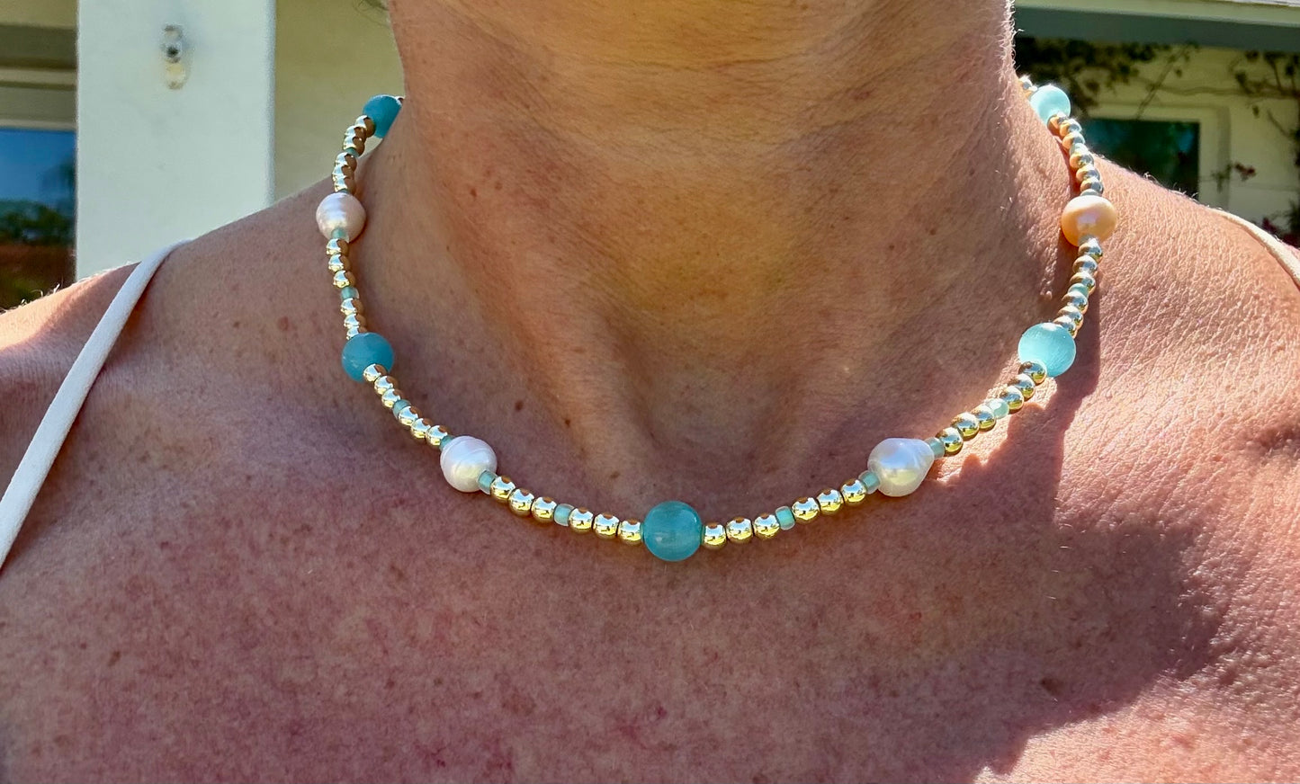 14K Gold Necklace with Aquamarine Glass Beads, Cultured Pearls & Aqua Czech Glass accent Beads