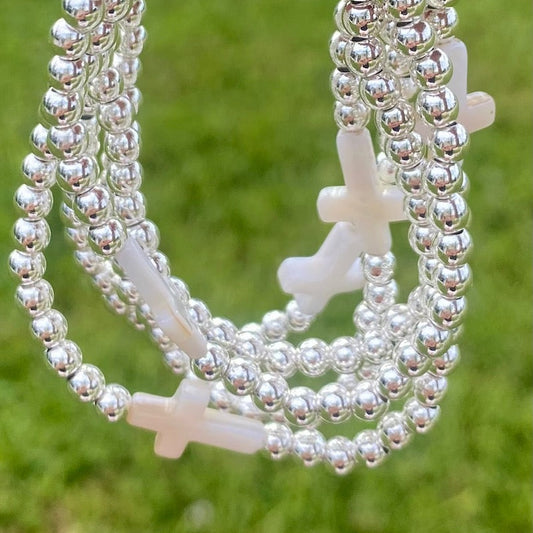 Silver Filled Beaded Cross Bracelets. Center Mother of Pearl Cross Charm.