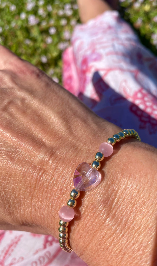 Pink Heart Charm Bracelet. 14K Gold filled Beads, Rose Quartz Gemstones  & Center Glass Heart