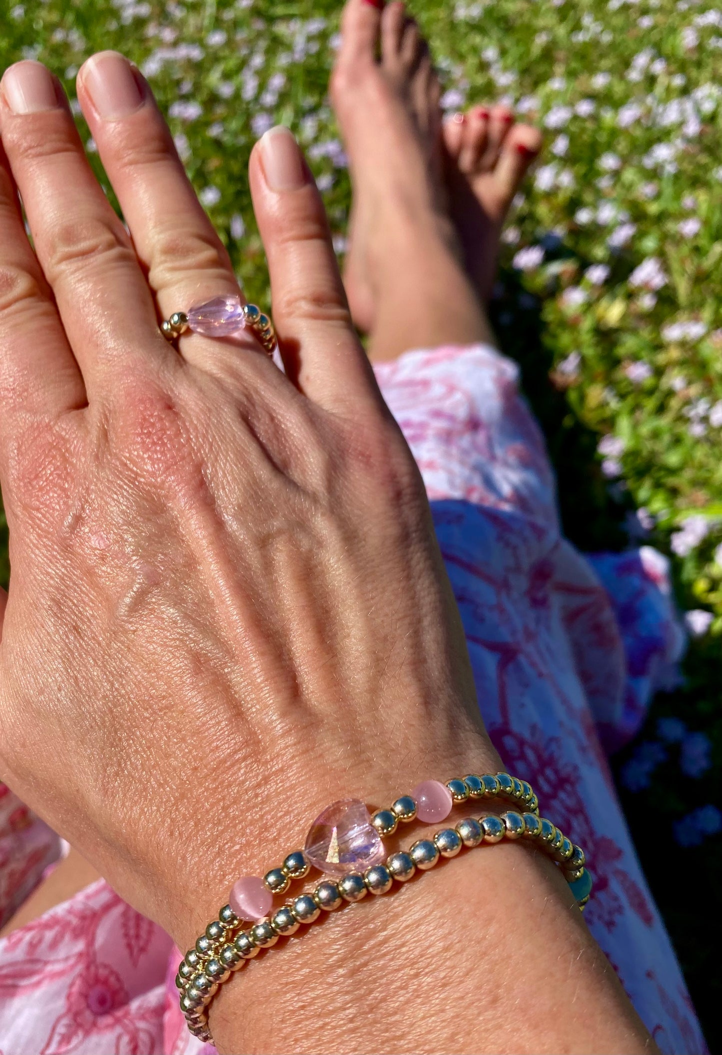 Pink Heart Glass Ring with 14K Gold Beads