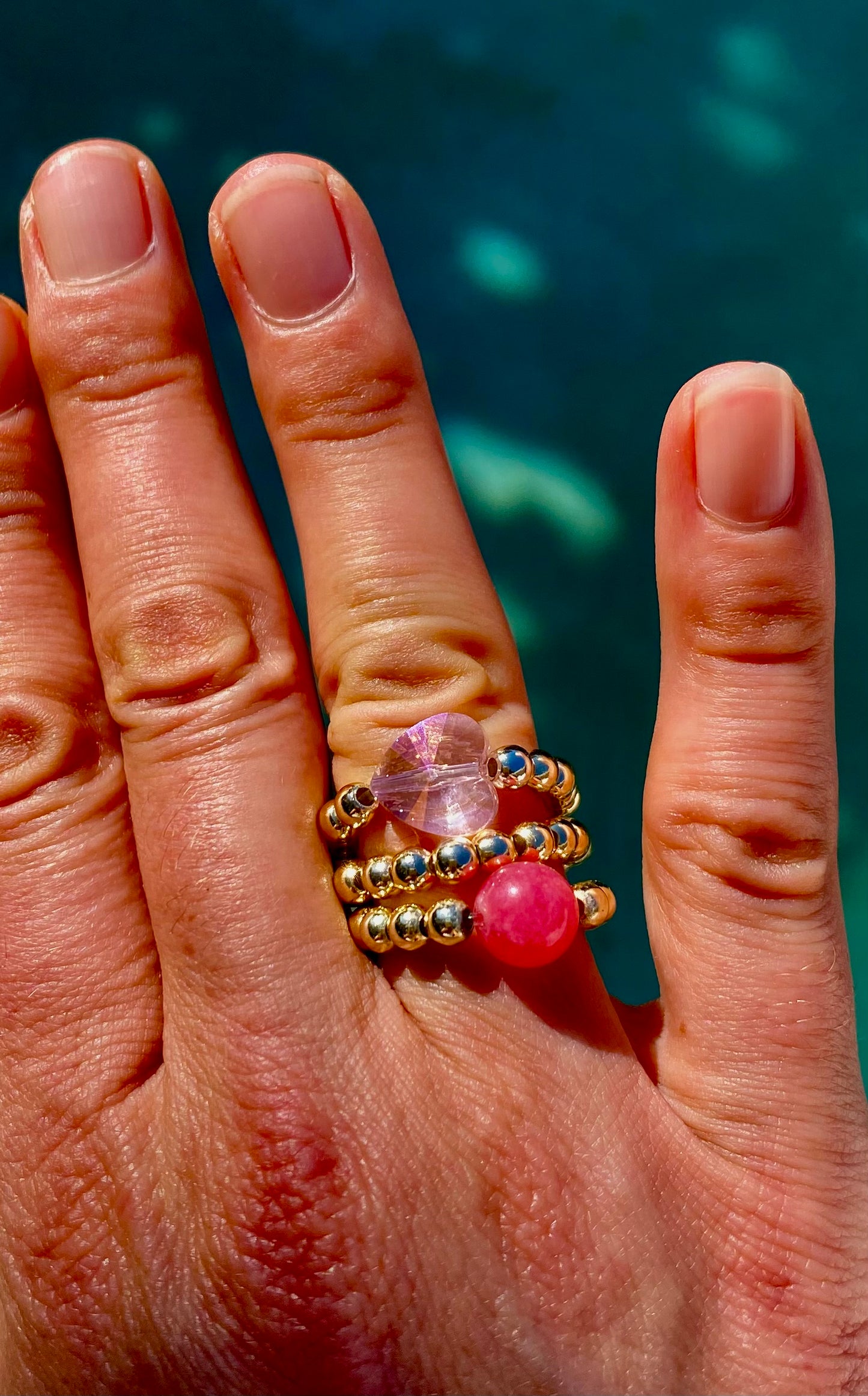 Pink Heart Glass Ring with 14K Gold Beads