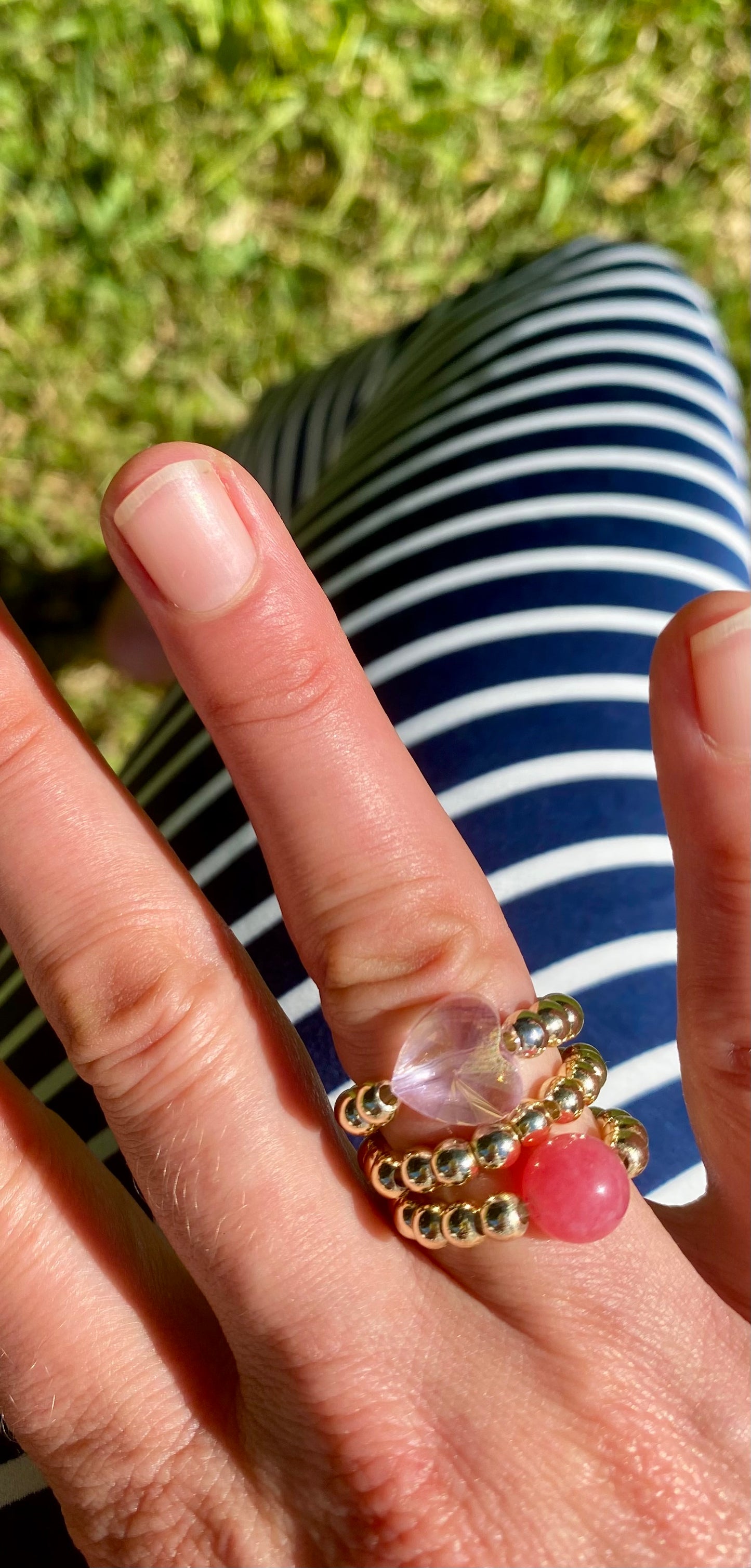 Pink Heart Glass Ring with 14K Gold Beads