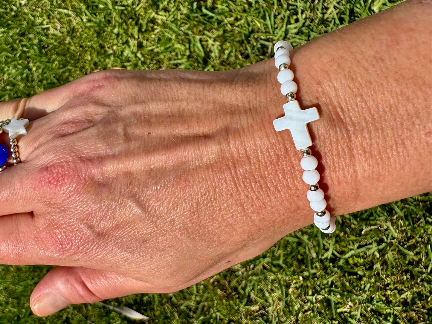 Pearl Cross Beaded Bracelet. White Shell Beads with 14K Gold Accents.