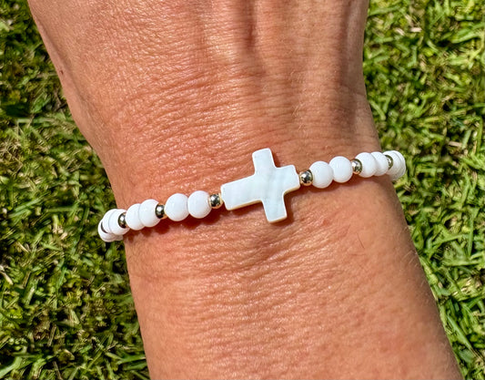 Pearl Cross Beaded Bracelet. White Shell Beads with 14K Gold Accents.