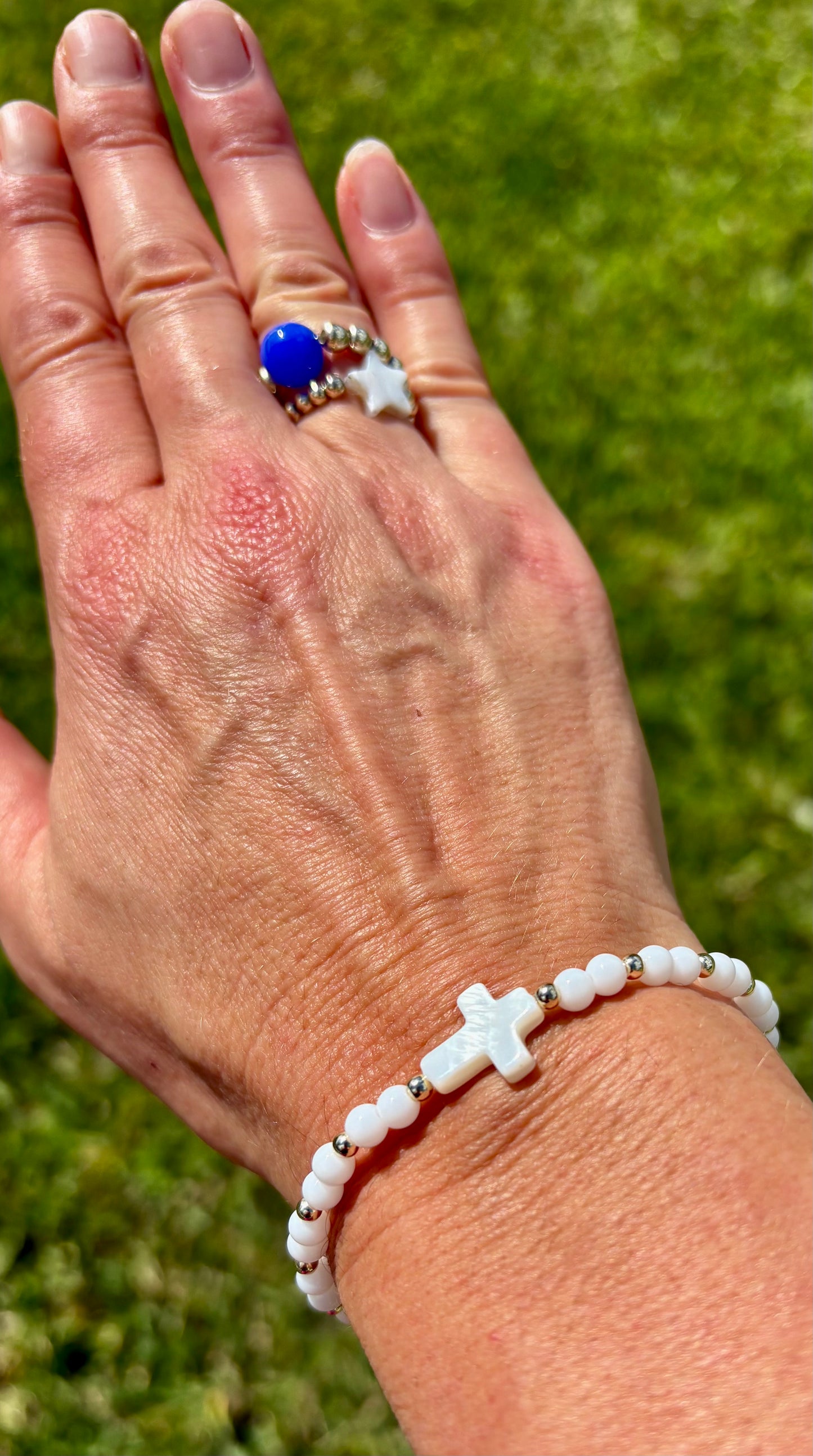 Pearl Cross Beaded Bracelet. White Shell Beads with 14K Gold Accents.