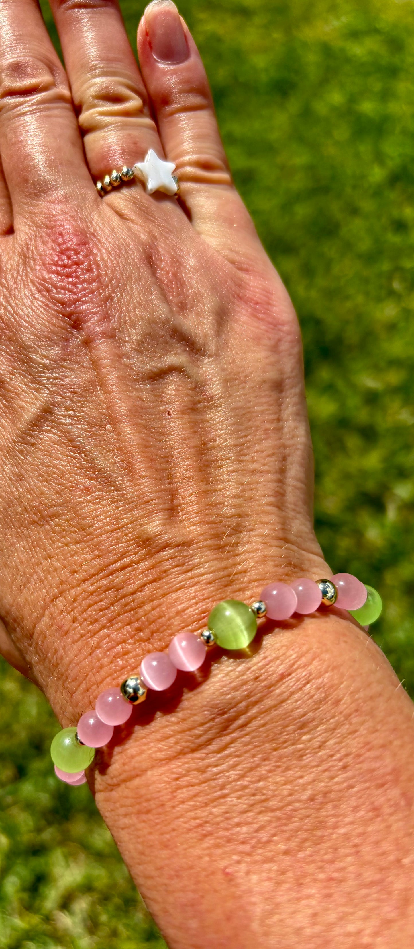 Pink Glass & Iridescent Green Gemstone Beaded Bracelet with 14K Gold filled Accent Beads.