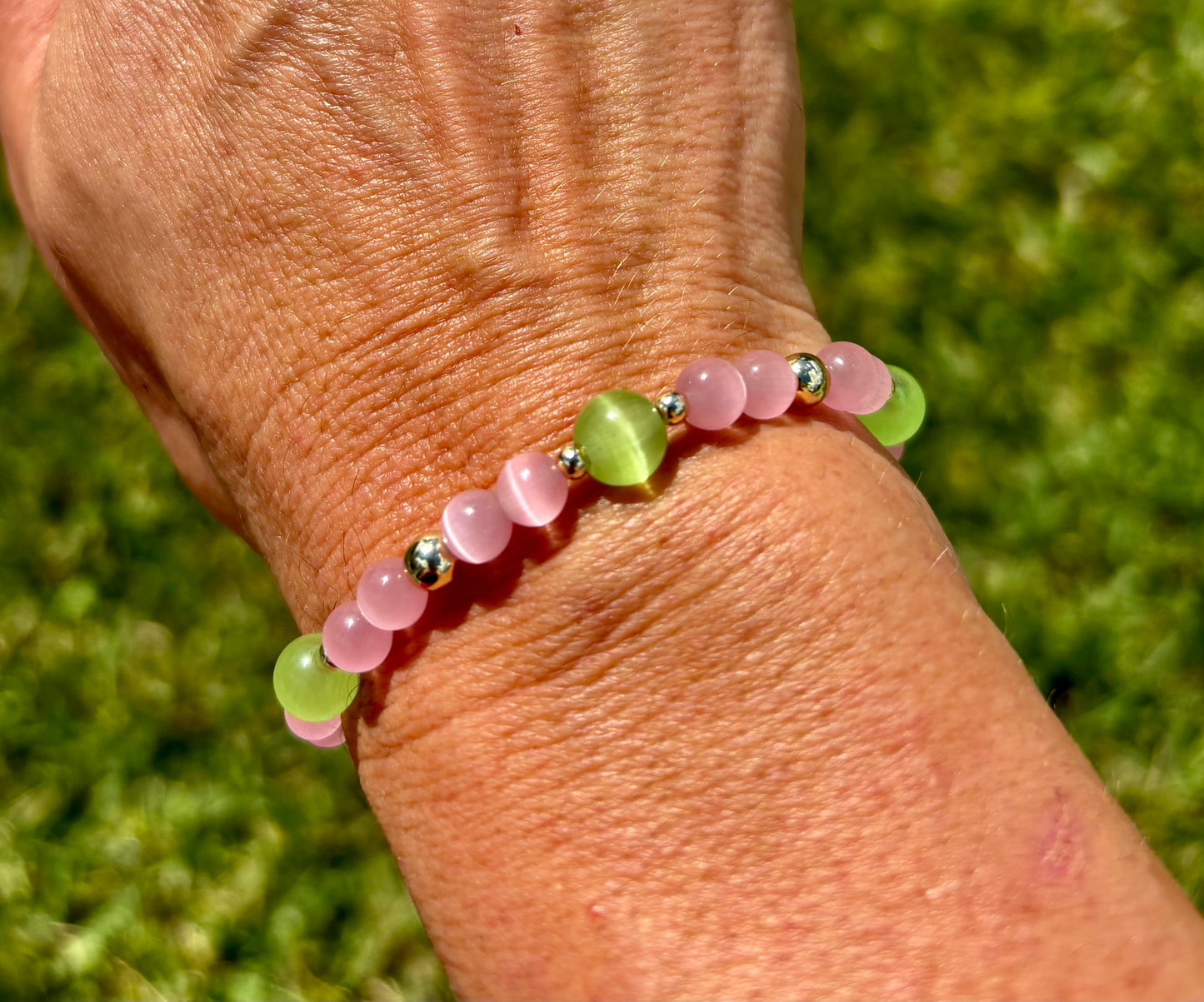Pink Glass & Iridescent Green Gemstone Beaded Bracelet with 14K Gold filled Accent Beads.