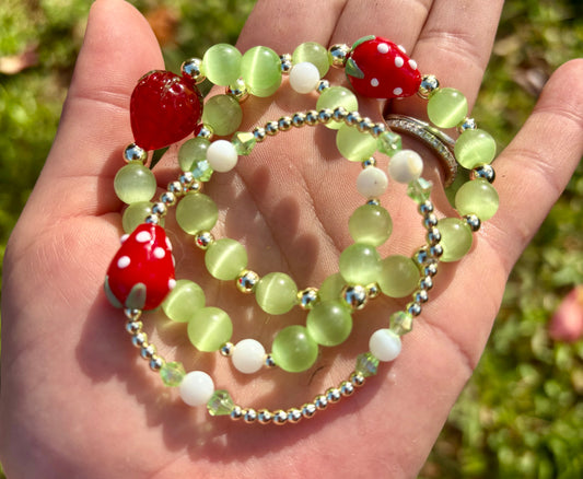Strawberry Charm Beaded Bracelets. Porcelain Strawberry Bracelets in 3 different styles.
