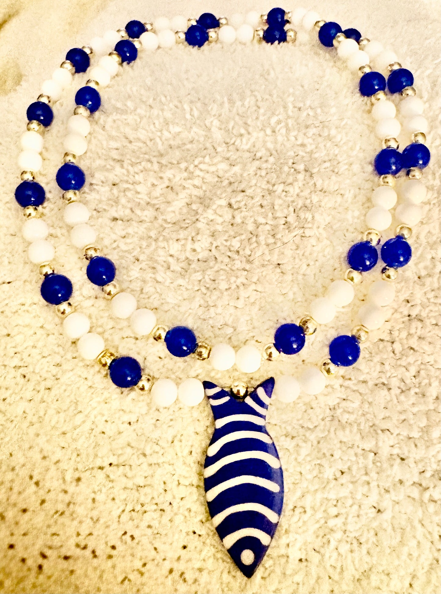 Blue Bonefish Pendant Beaded 2X Wrap Necklace.. Deep Blue & White Glass Beads. 14k Gold Accents.