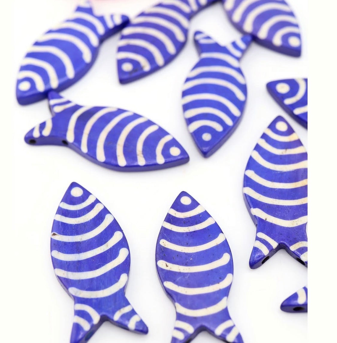 Blue Bonefish Pendant Beaded 2X Wrap Necklace.. Deep Blue & White Glass Beads. 14k Gold Accents.