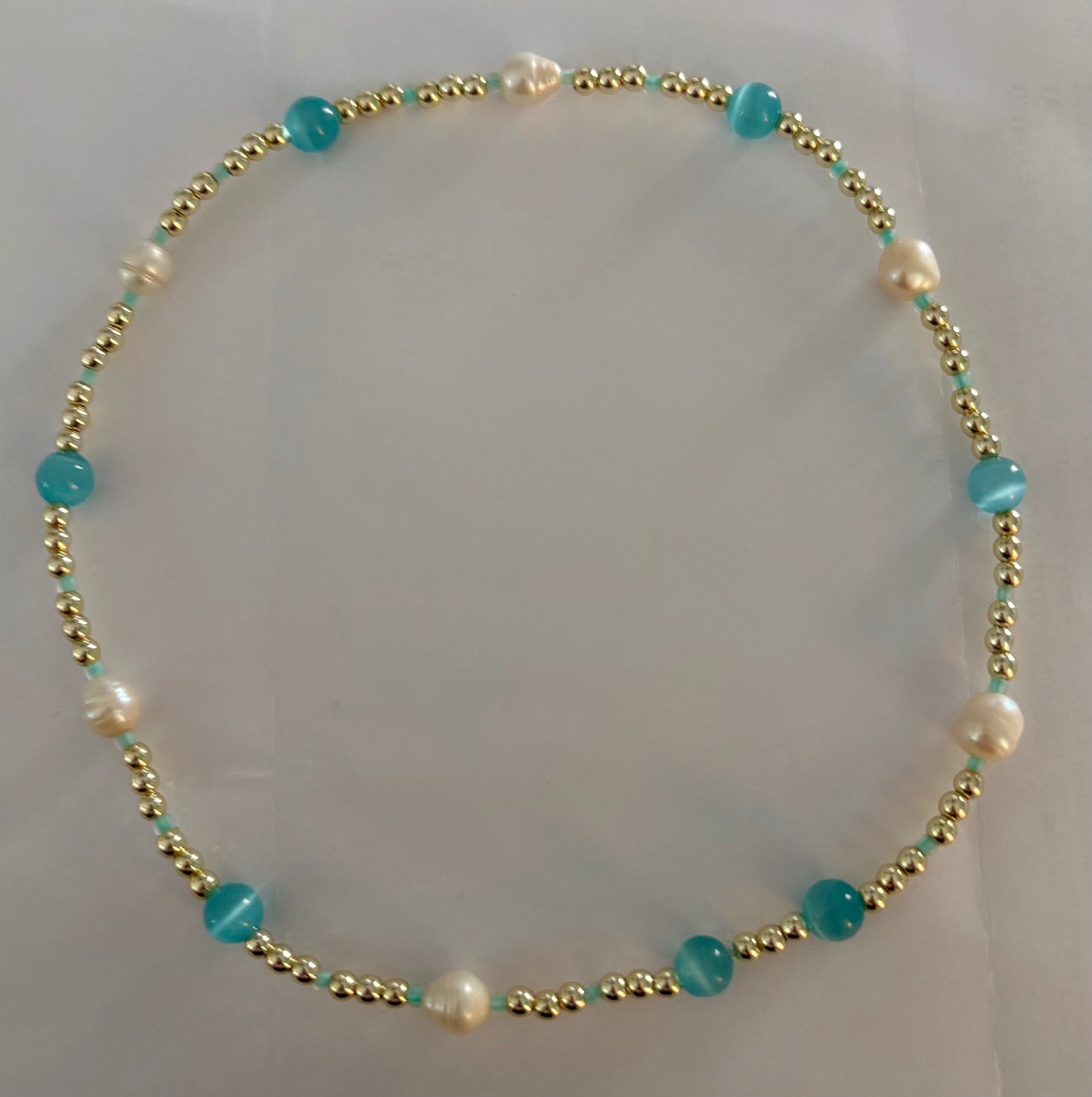 14K Gold Necklace with Aquamarine Glass Beads, Cultured Pearls & Aqua Czech Glass accent Beads