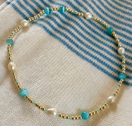 14K Gold Necklace with Aquamarine Glass Beads, Cultured Pearls & Aqua Czech Glass accent Beads
