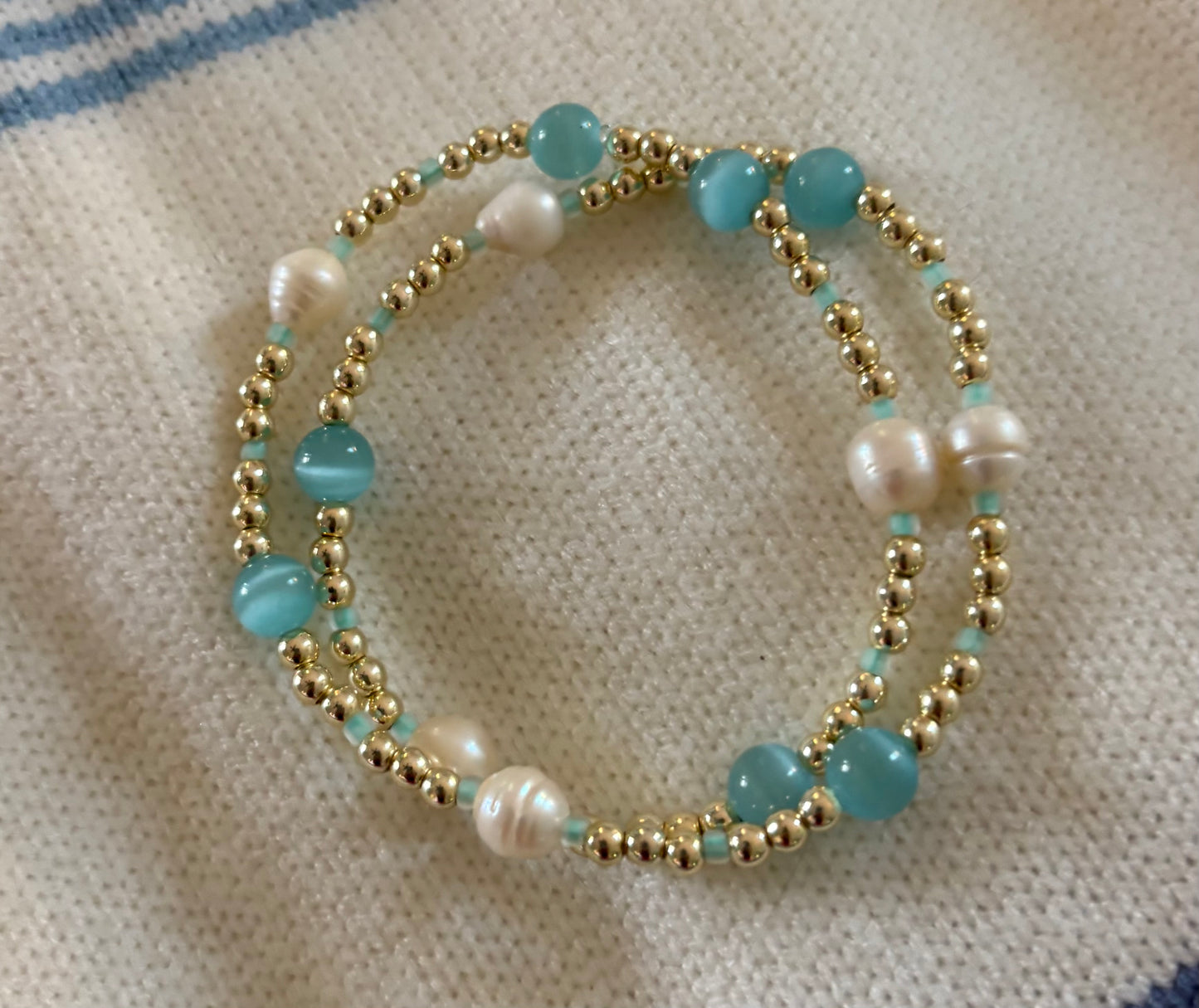 14K Gold Necklace with Aquamarine Glass Beads, Cultured Pearls & Aqua Czech Glass accent Beads