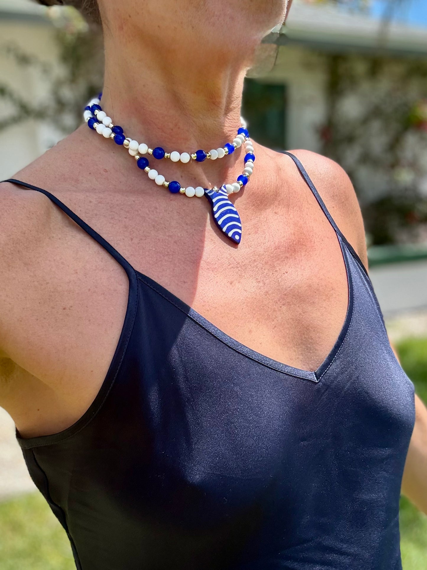 Blue Bonefish Pendant Beaded 2X Wrap Necklace.. Deep Blue & White Glass Beads. 14k Gold Accents.