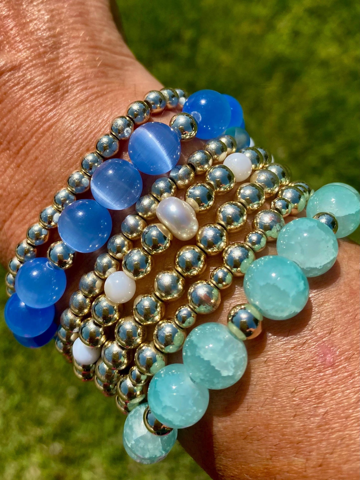 Blue Tiger Eye Beaded Bracelet: 10mm Gemstone & 14k Gold Filled Accent Beads.