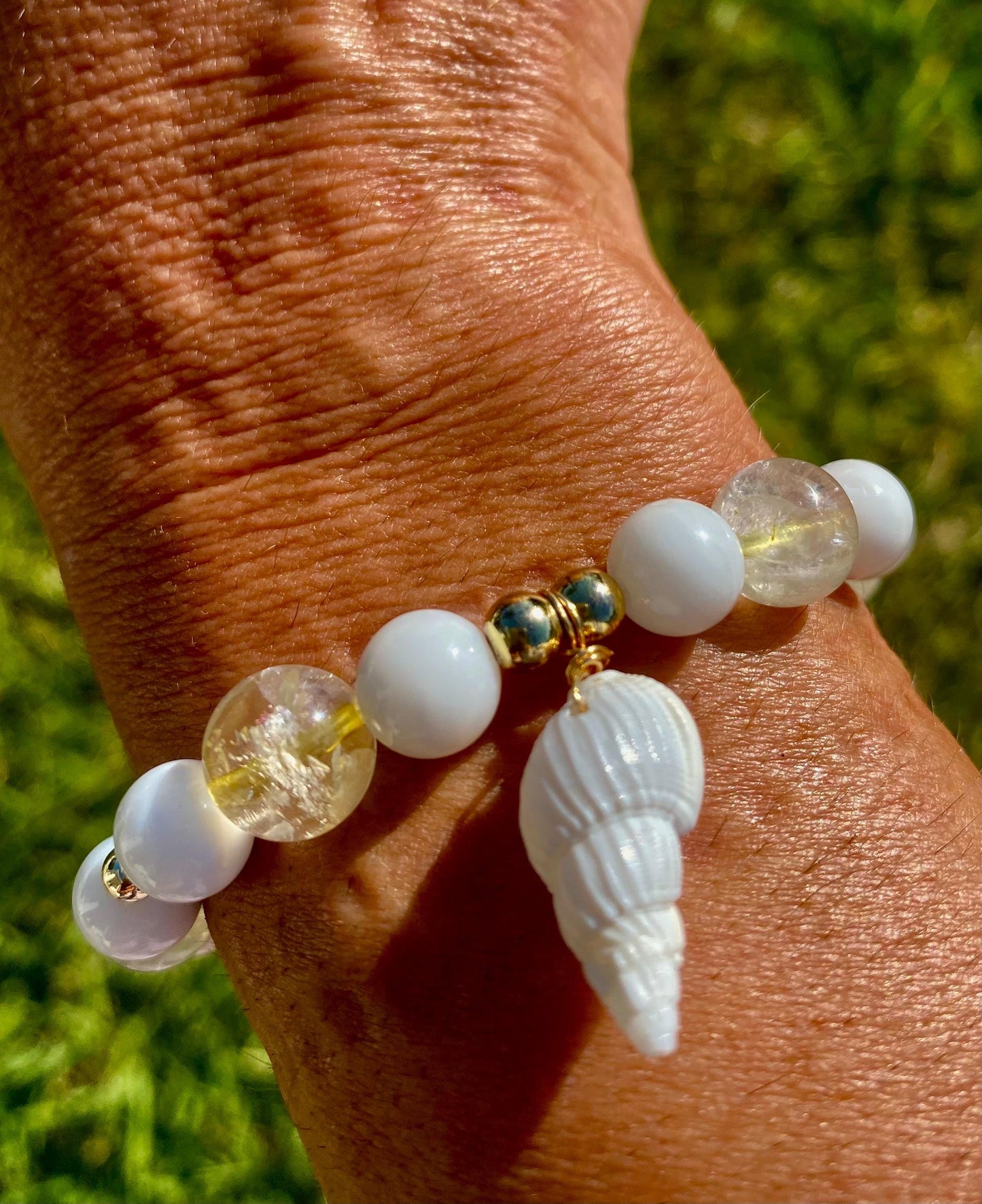 Citrine & White Shell Charm Bracelet: 14k Gold Filled Beaded Bracelet.