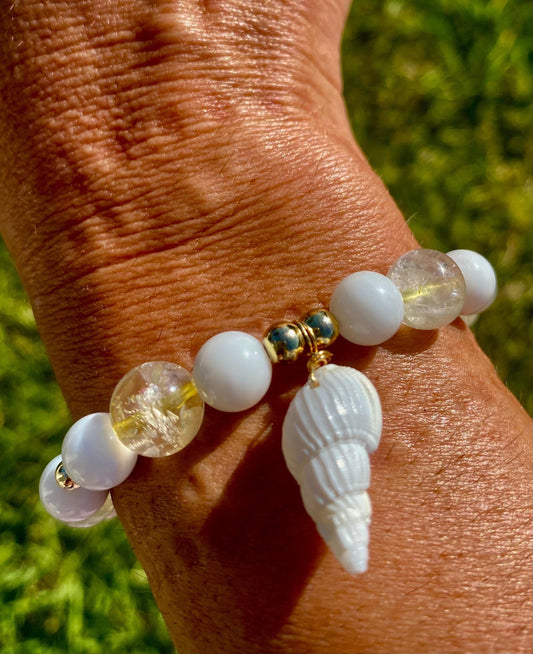 Citrine & White Shell Charm Bracelet: 14k Gold Filled Beaded Bracelet.
