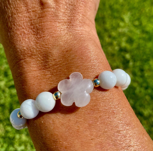 Rose Quartz Flower Charm Bracelet: 14k Gold & White Shell Beads.
