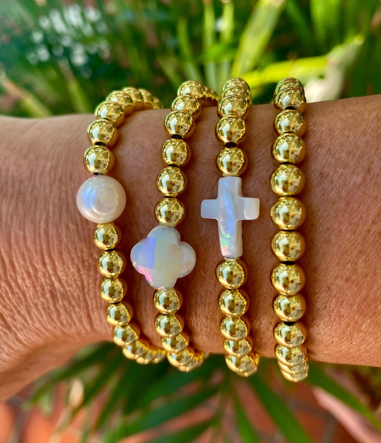 14k Gold Filled Beaded Bracelet: Center Mother of Pearl Cross, Rice Pearl, Clover Charm.