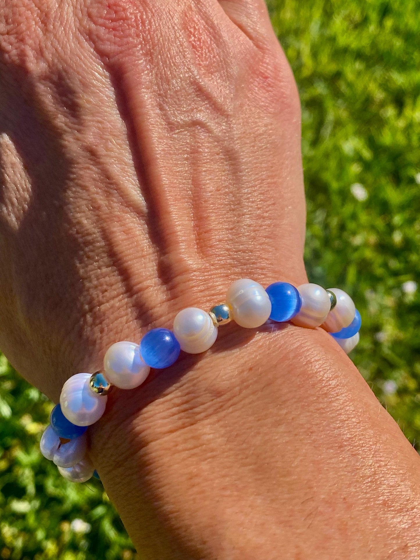 Pearl Beaded Bracelet with Ocean Blue Gemstones & 14K Gold Accent Beads.
