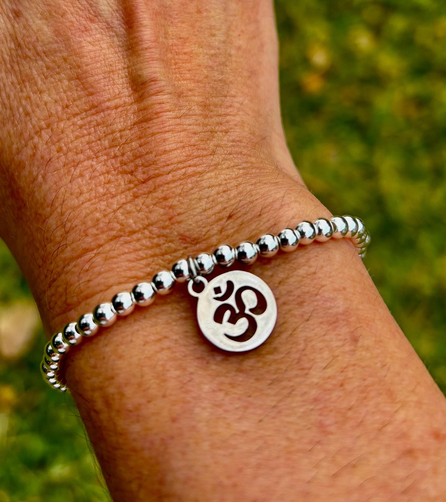 14k Gold Filled Beaded Bracelet with Dainty OM Charm - Stacking Jewelry