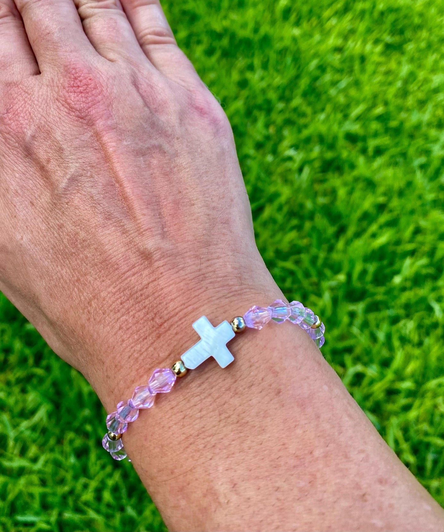 Pearl Cross Crystal Beaded.14k Gold Filled Beads, Colorful Glass & Center Cross Charm.