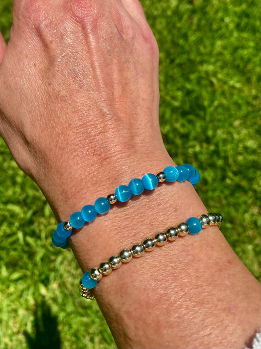 Blue Aquamarine Beaded Bracelet Set: 14K Gold Filled Bracelet. Sold as a pair or individually.