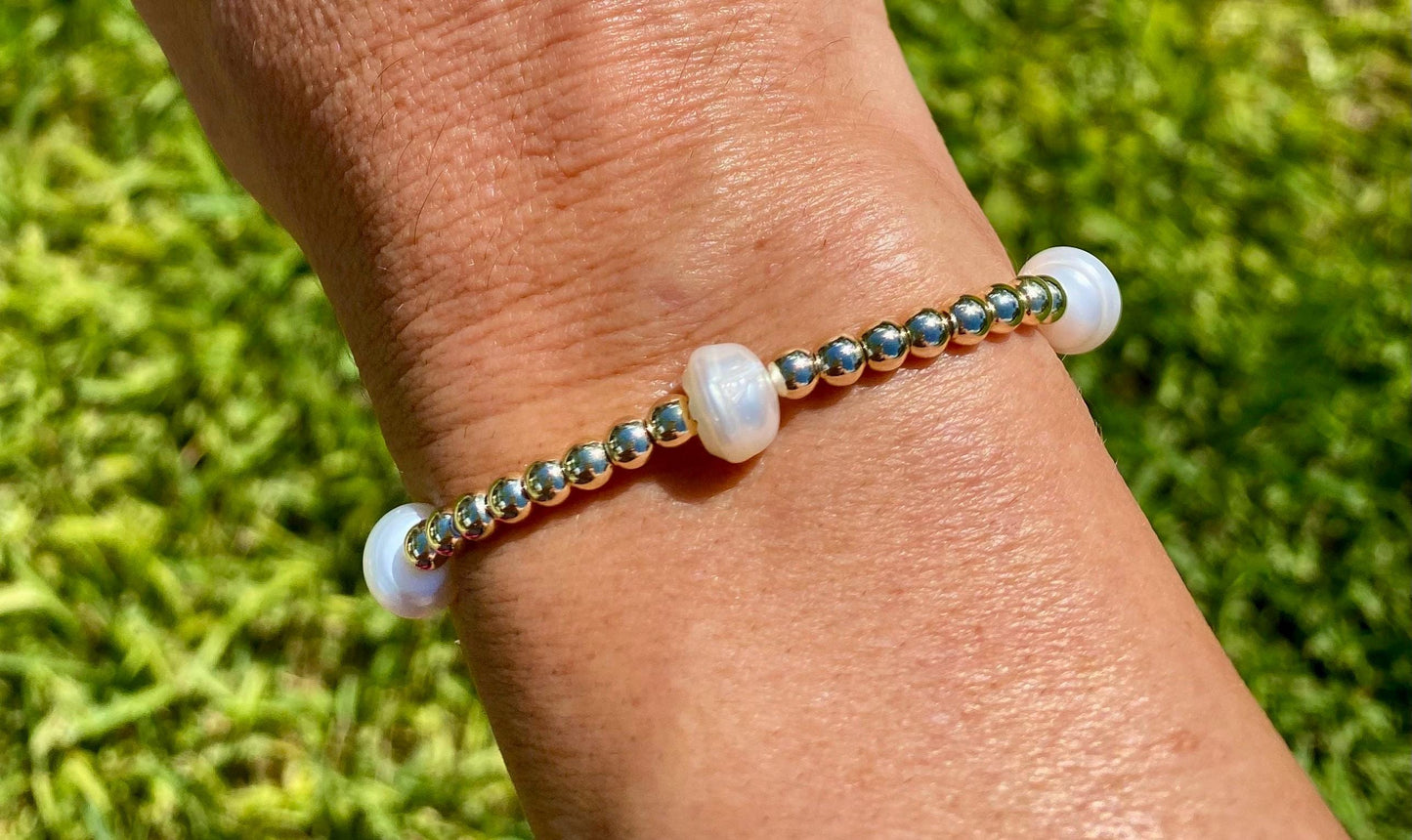 14k Gold Filled Stacking Bracelet: Cultured Pearl. Non Tarnish. E Newton Inspired.