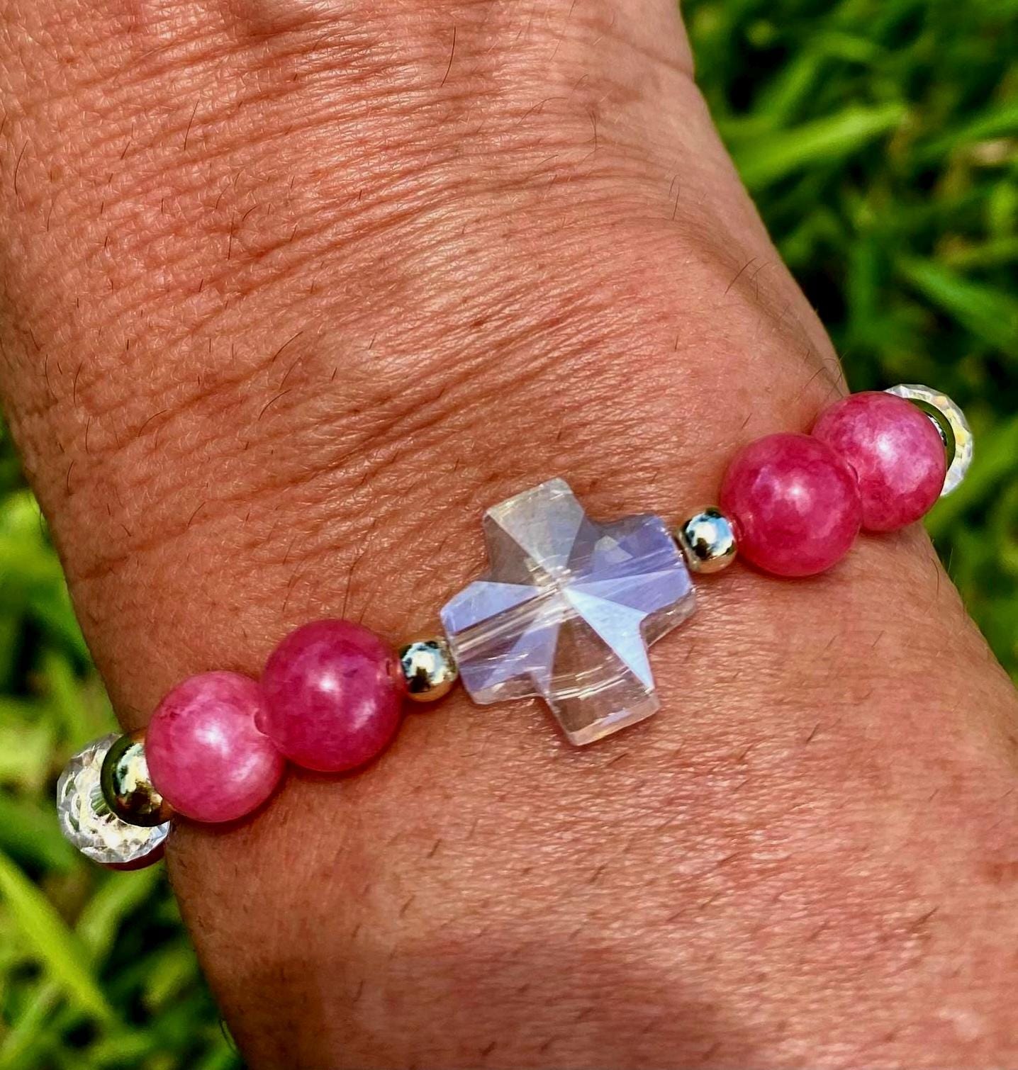 Pink Raspberry Jade Beaded Bracelet: Glass Cross Charm, 14k Gold Filled.