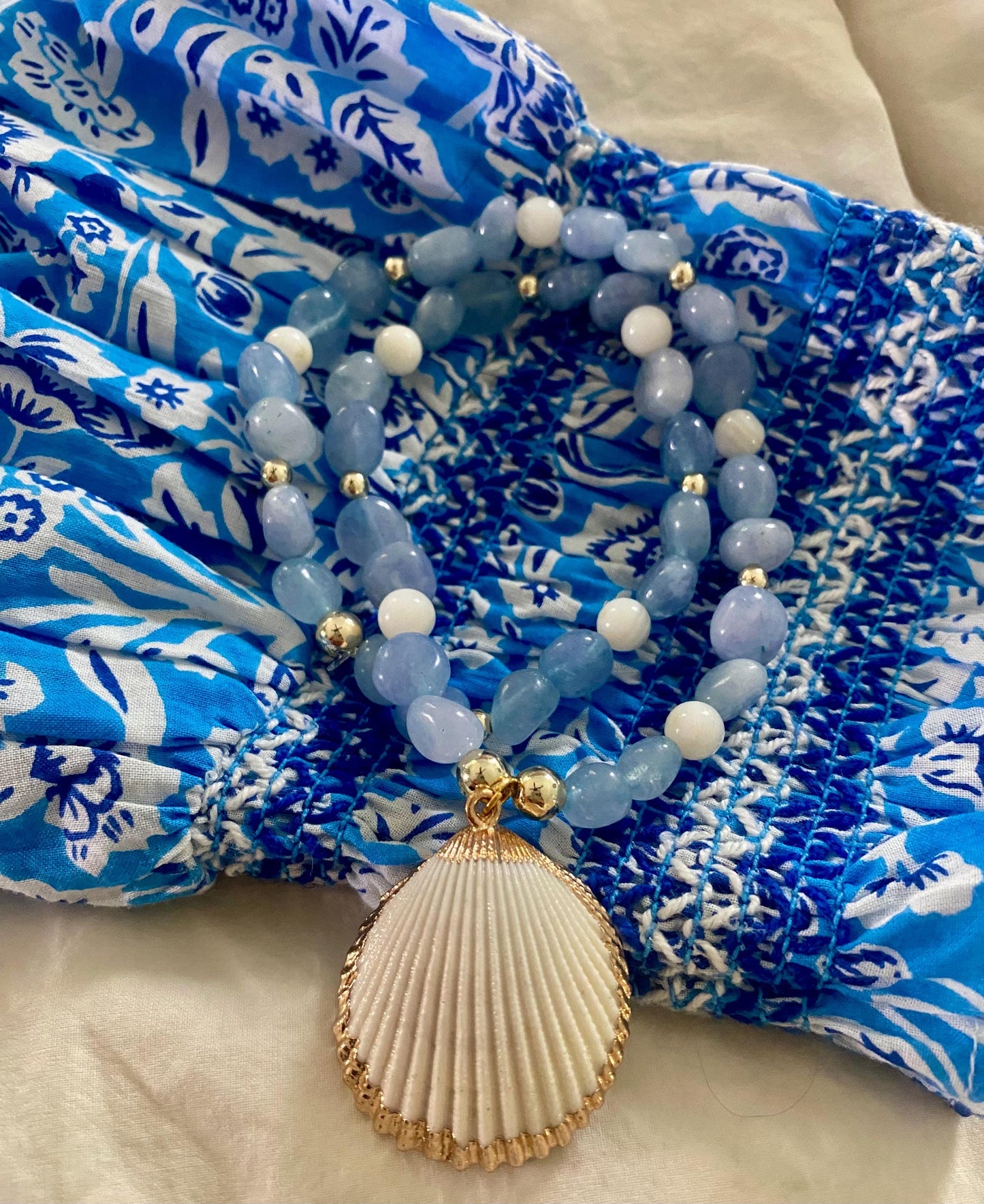 Blue Aquamarine Beaded Necklace: Gold Scallop Shell Charm, 14k Gold Filled accent Beads.