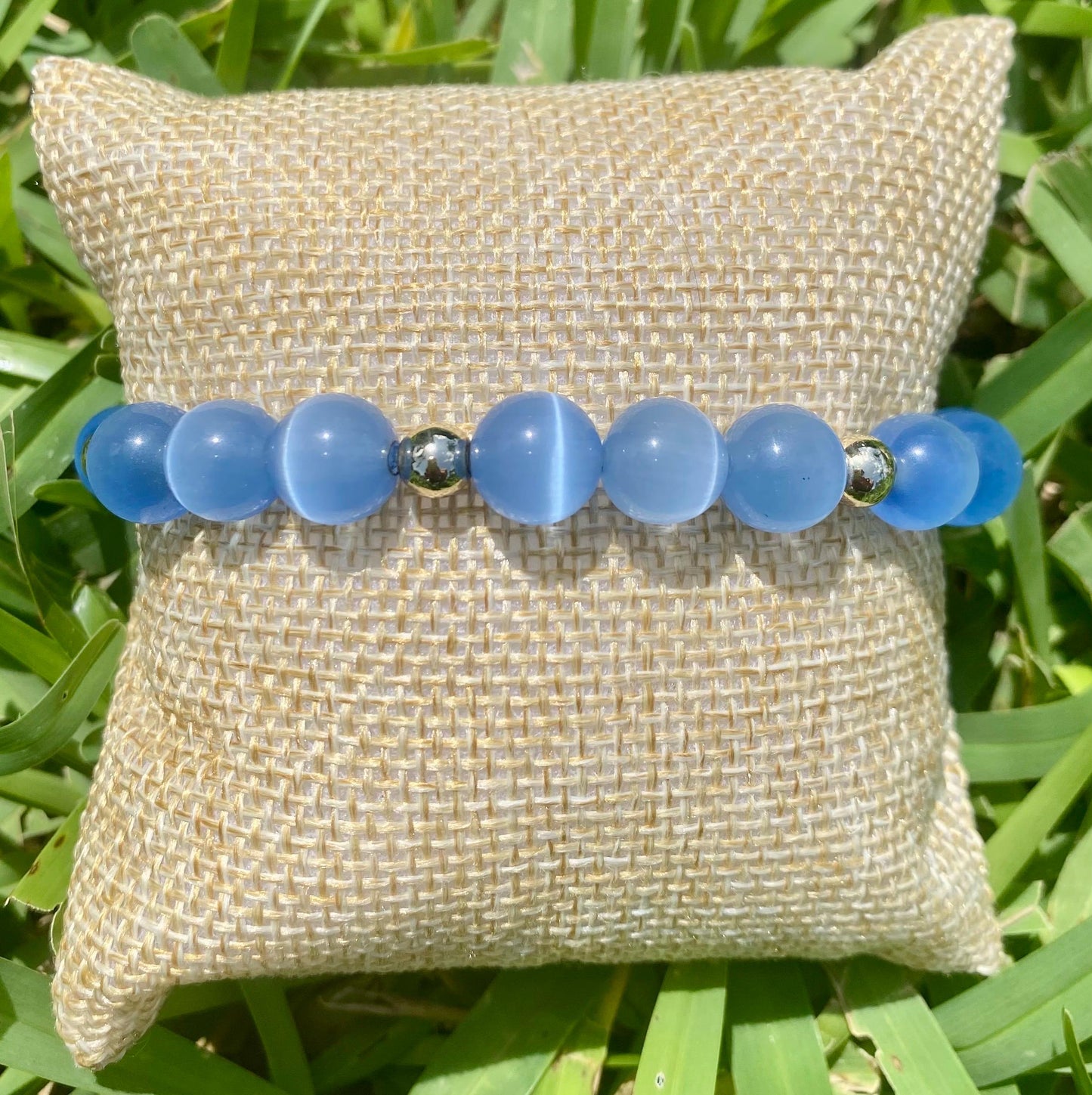 Blue Tiger Eye Beaded Bracelet: 10mm Gemstone & 14k Gold Filled Accent Beads.