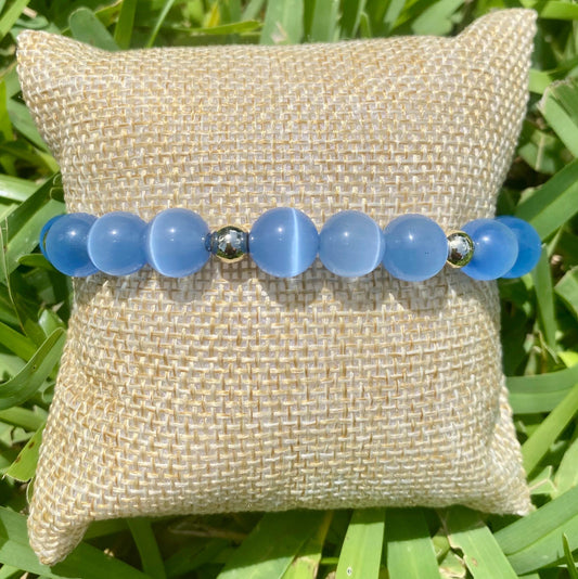 Blue Tiger Eye Beaded Bracelet: 10mm Gemstone & 14k Gold Filled Accent Beads.