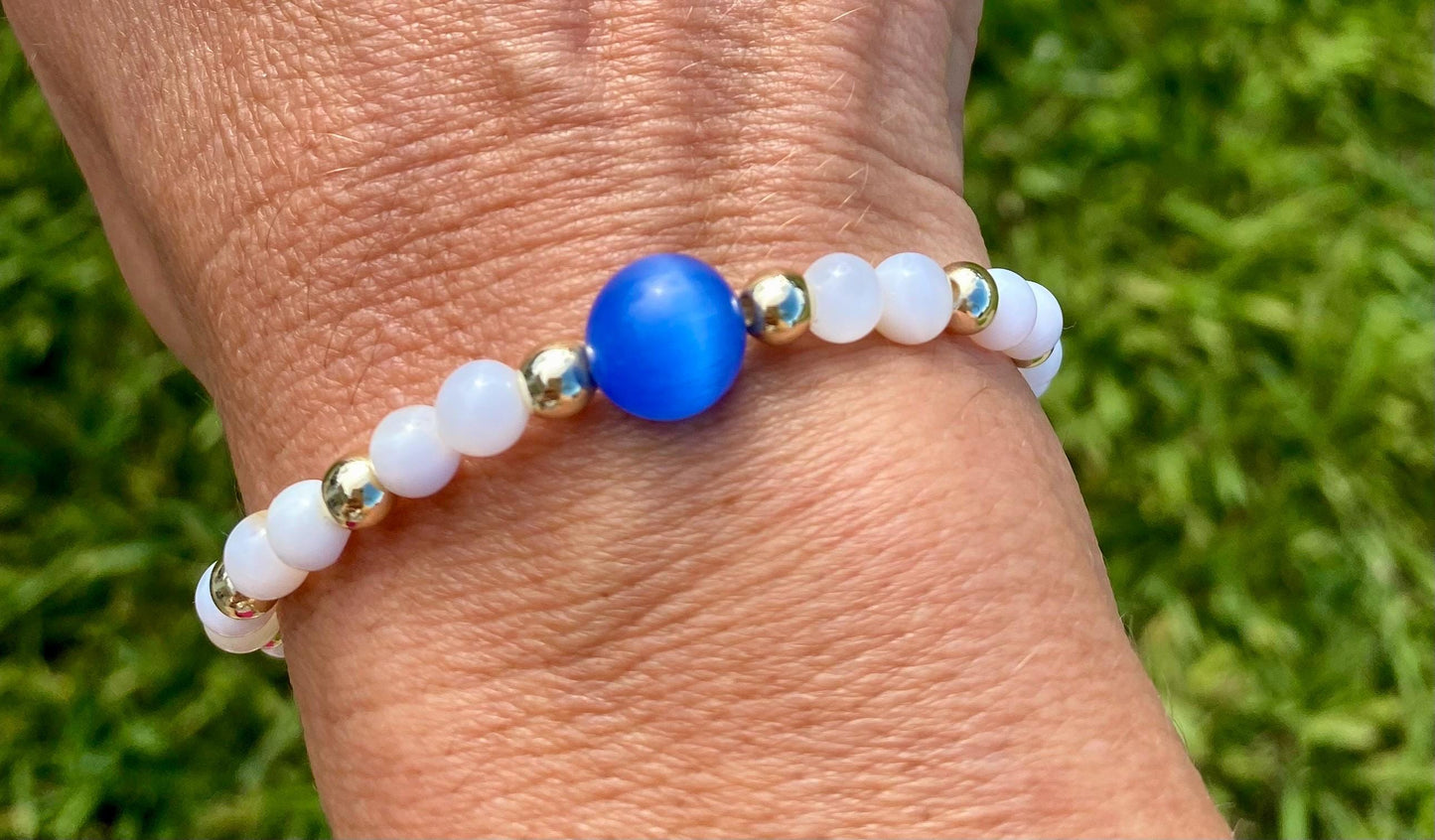 White Shell Beaded Bracelet: 14K Gold Filled, Center 10mm Blue Cats Eye Stone.