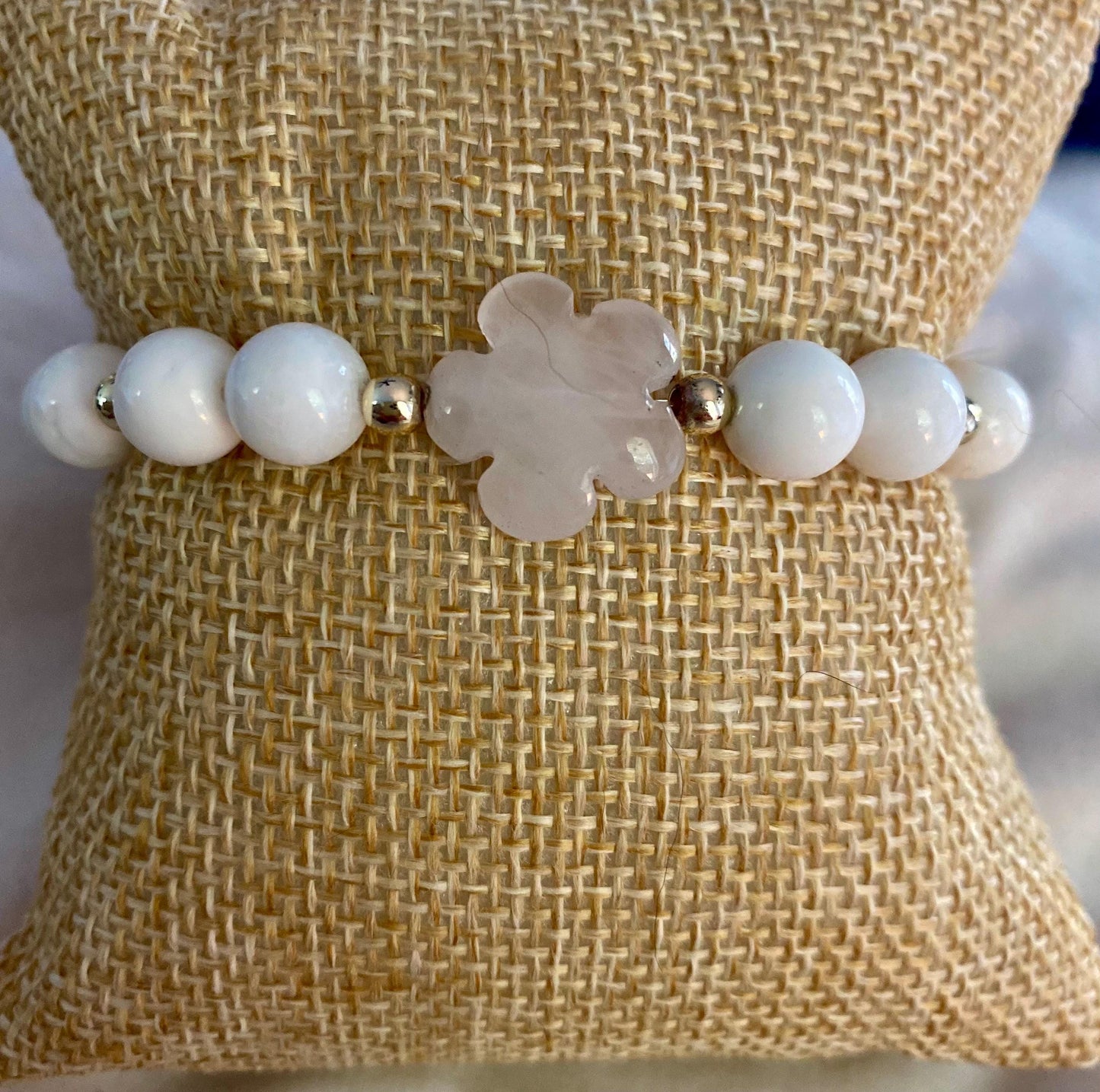 Rose Quartz Flower Charm Bracelet: 14k Gold & White Shell Beads.