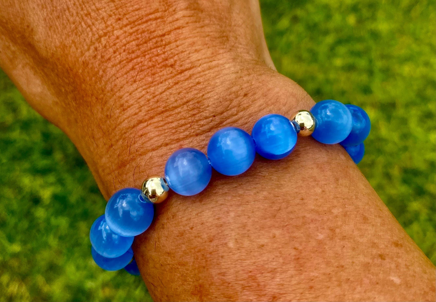 Blue Tiger Eye Beaded Bracelet: 10mm Gemstone & 14k Gold Filled Accent Beads.