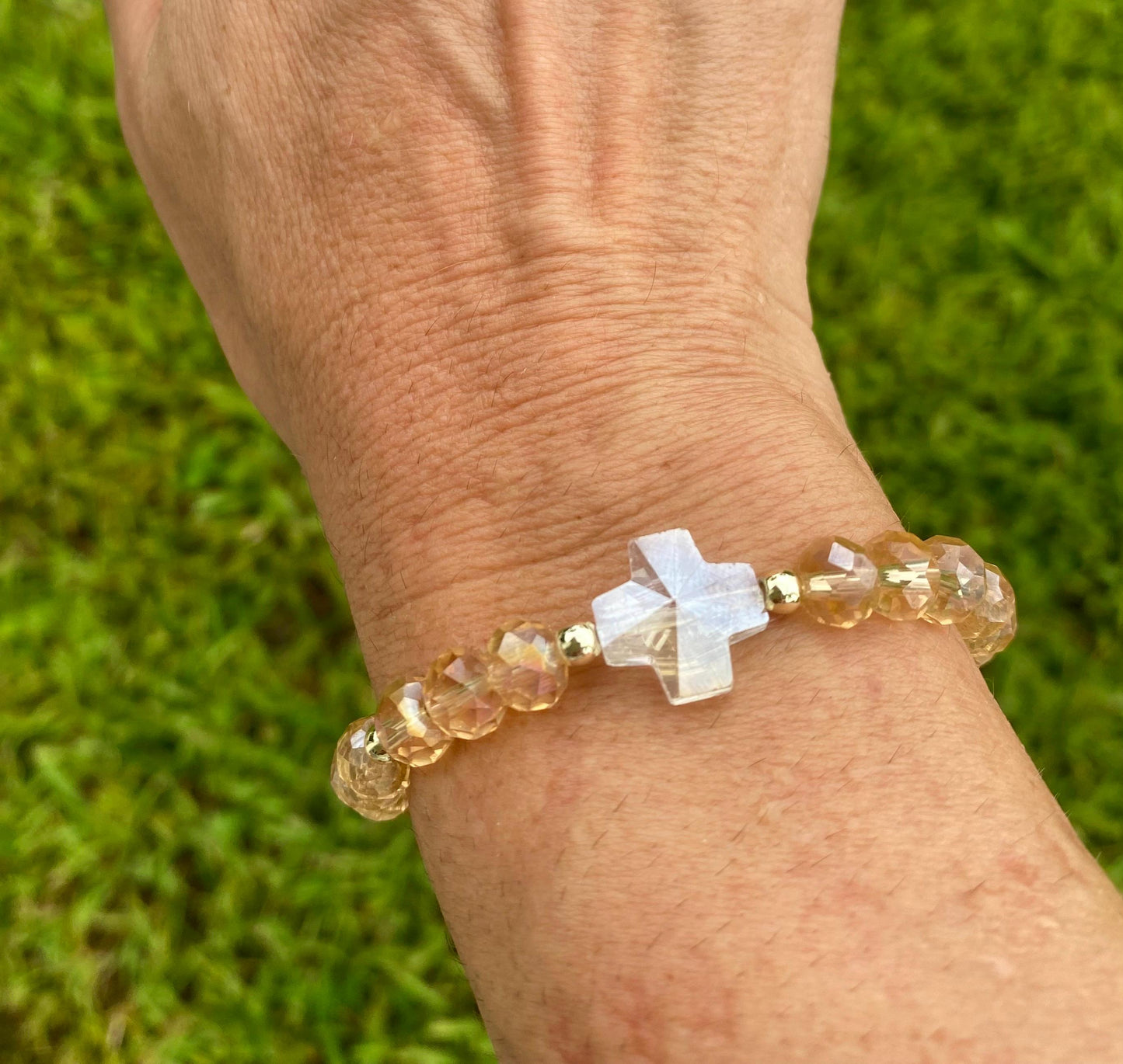 Beige Crystal Briolette Beaded Bracelet: 14K Gold Accents, Clover/Cross Charm