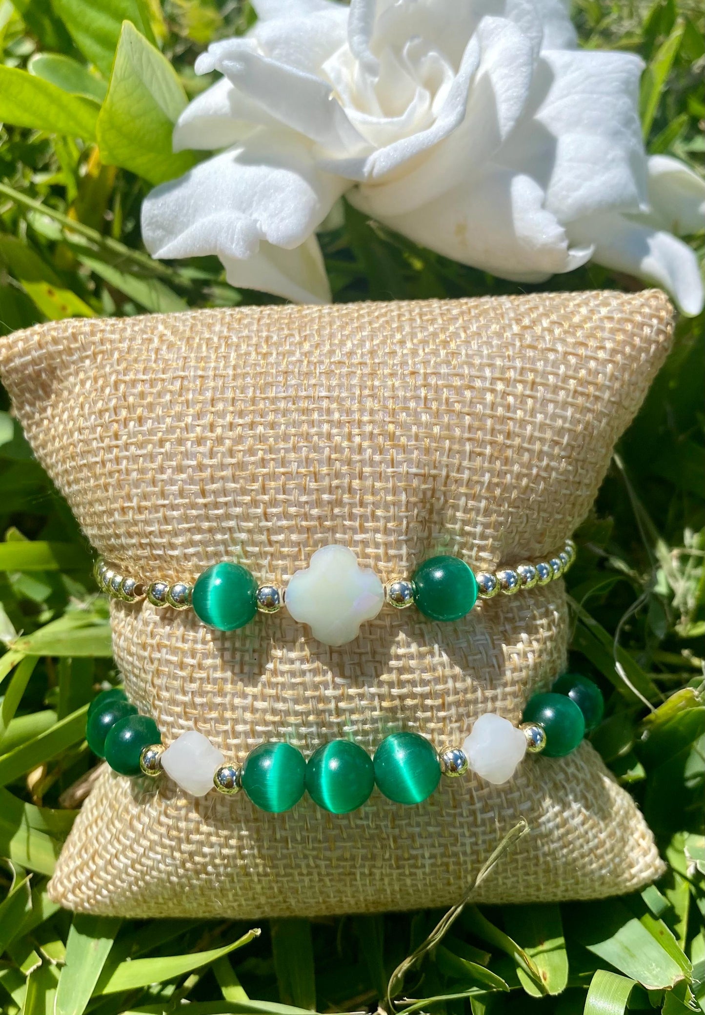 Emerald Green Cat's Eye Bracelet, 14K Gold Filled, Glass Clover Charm