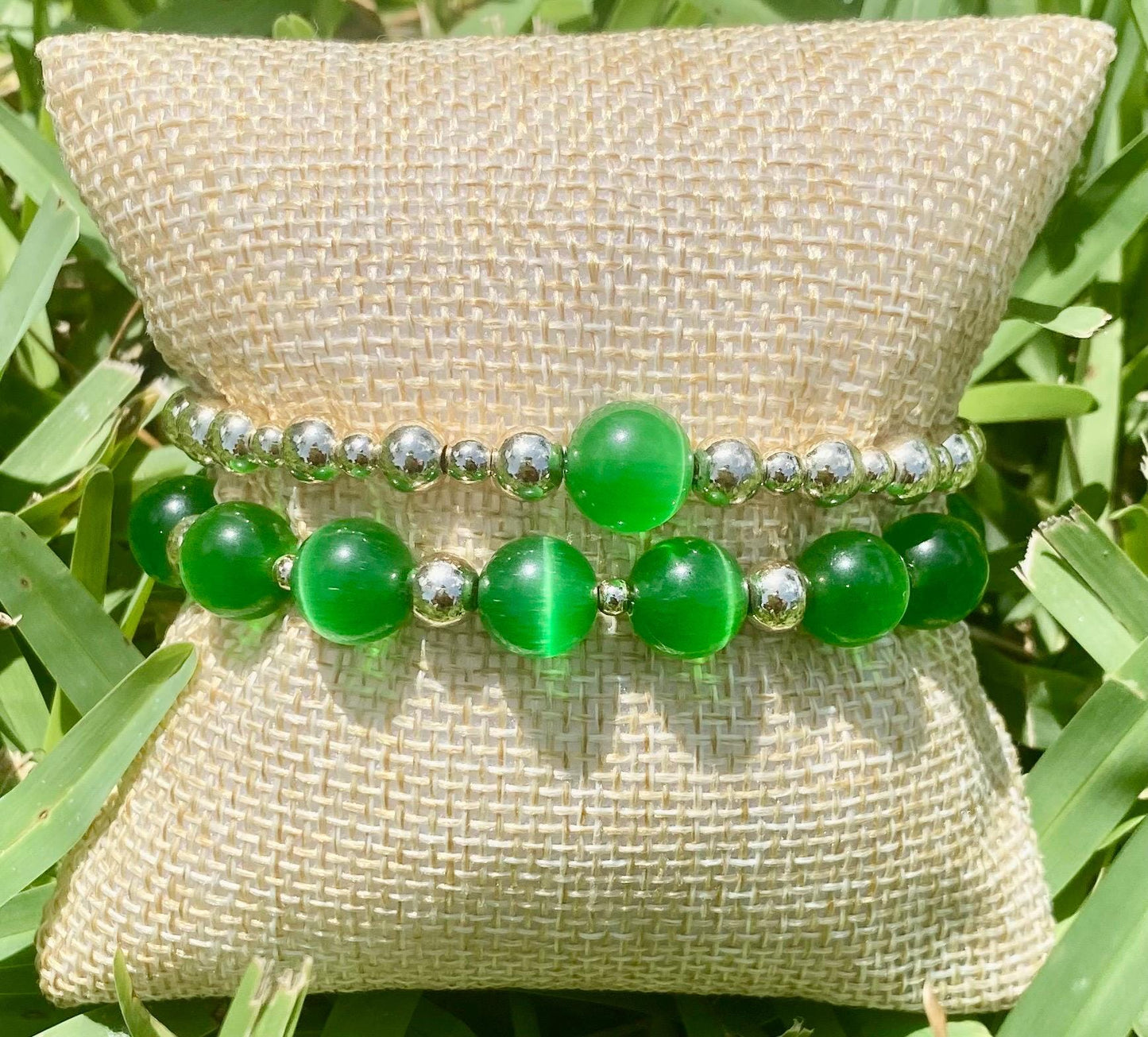Green Emerald Gemstone Beaded Bracelet: 14K Gold Filled. Set of 2.