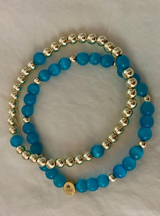 Blue Aquamarine Beaded Bracelet Set: 14K Gold Filled Bracelet. Sold as a pair or individually.