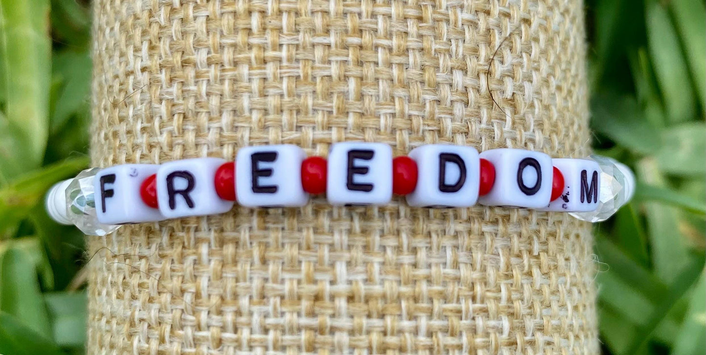 Red White Blue Beaded Bracelet Stack, Ceramic Fish & USA Flag Bracelet