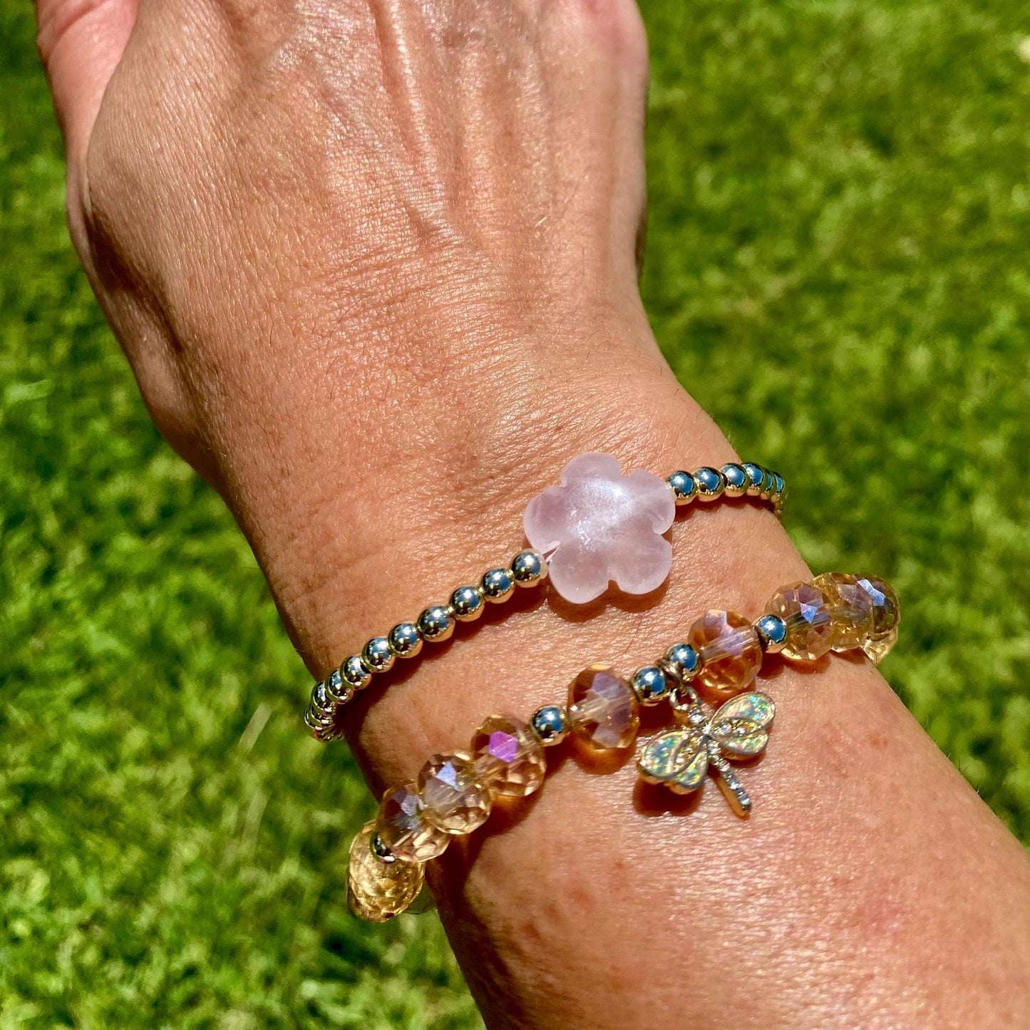 14K Gold Filled Beaded Bracelet. Center Pink, Rose Quartz Charm.