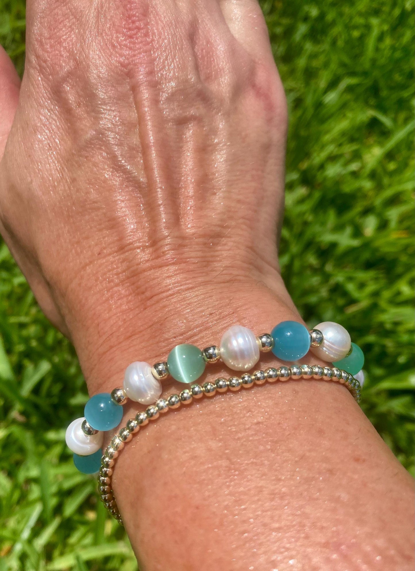 Pearl Beaded Bracelet: Blue & Green Cat's Eye Gemstones, 14k Gold Filled Accent Beads.