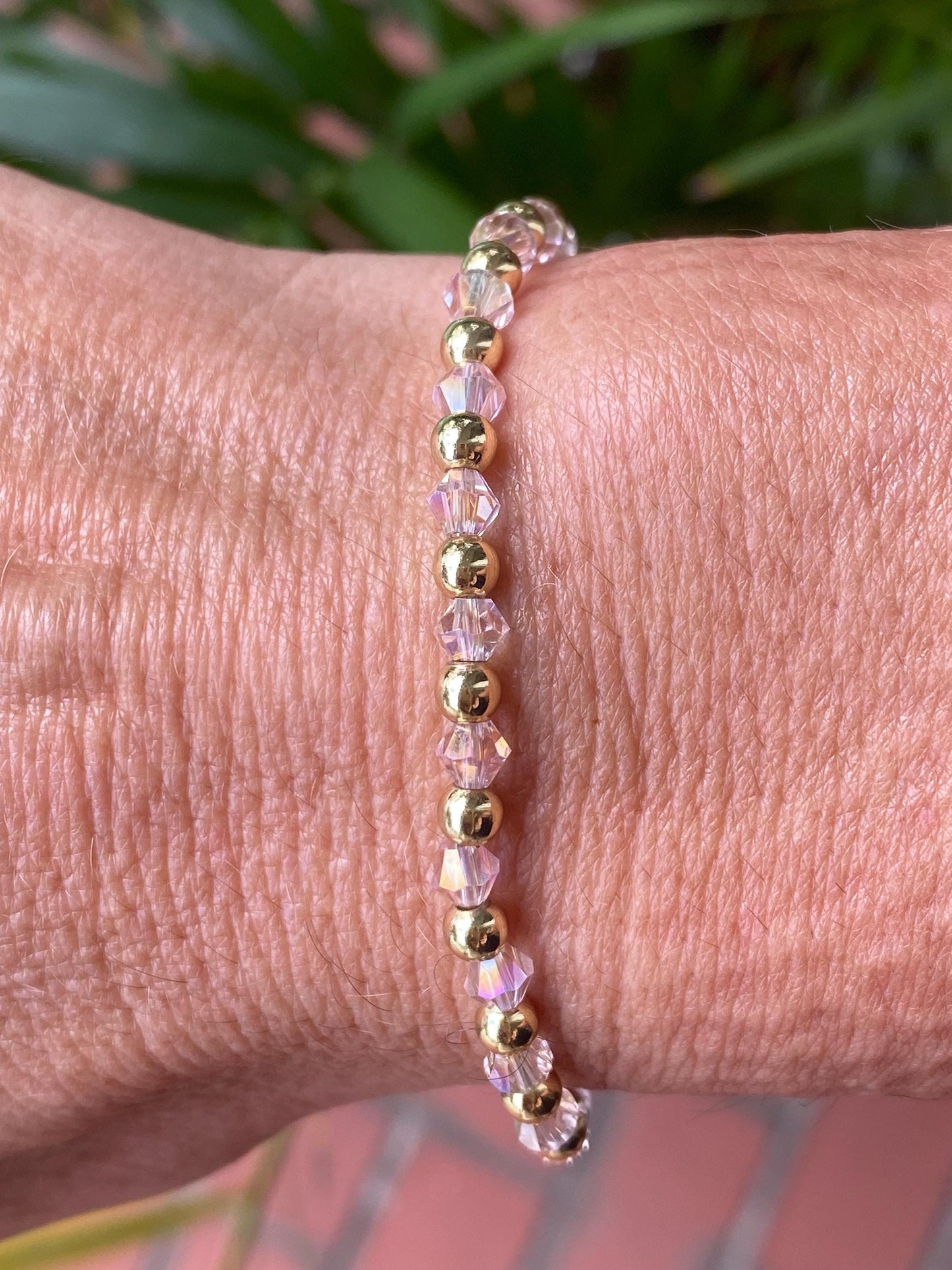 Pink and 14k Gold Beaded Bracelet Set: 6mm Rose Quartz, 6mm Shell Heart Charms.