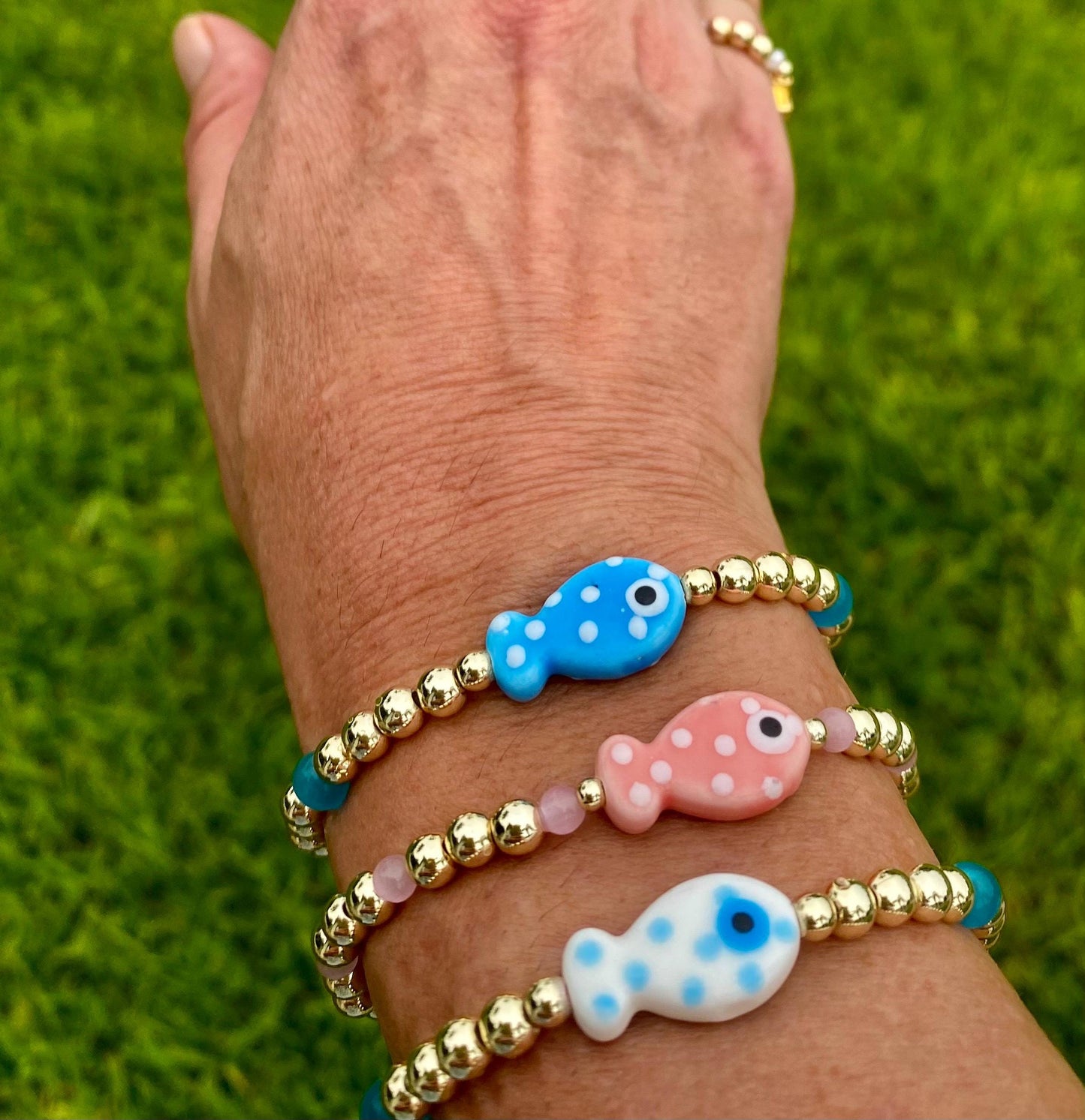 Ceramic Fish Charm Bracelet: 14K Gold Filled Beads, Colorful Beach Jewelry.