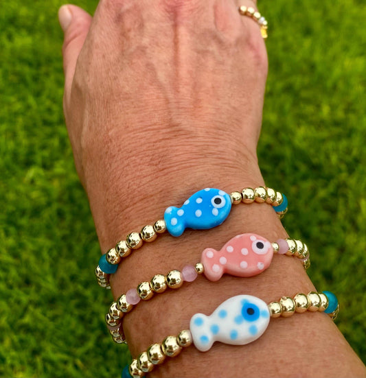 Ceramic Fish Charm Bracelet: 14K Gold Filled Beads, Colorful Beach Jewelry.