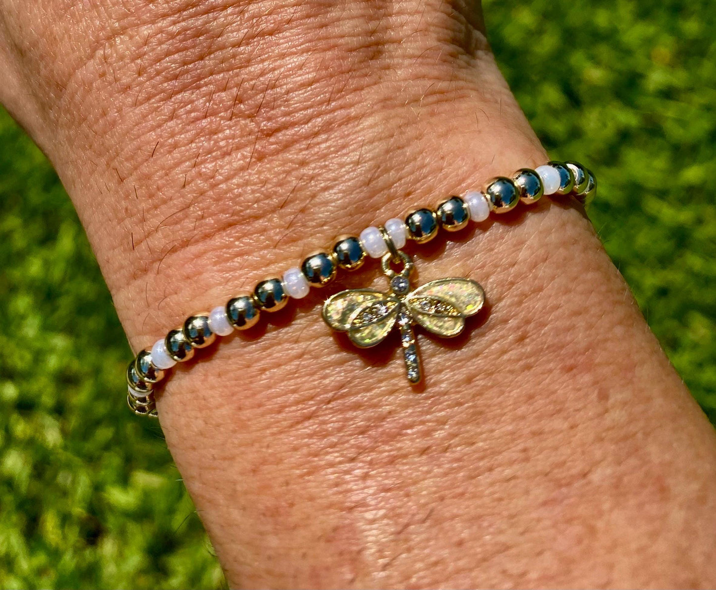 Dragonfly Charm Bracelet: 14K Gold Filled Beaded Bracelet with  Pearl Czech Glass and Center Charm.